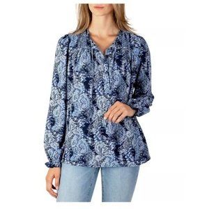 Joie Women's XXL Top Long Sleeve V Neck Peasant Blouse Blue Print Multi XXL